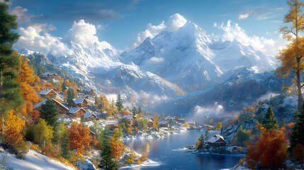 Snowy Mountain Village with Autumn Colors - 3D Illustration