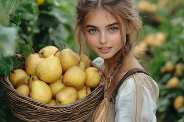 A cute girl stands in a garden holding a wicker basket filled with fresh pears. Lush greenery and a natural outdoor setting create a vibrant, farm-like atmosphere.
