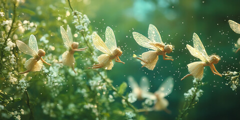 Enchanting Ensemble - A group of fairies fluttering about, their wings twinkling like stars, as they play enchanting