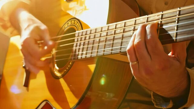 Close up hand playing acoustic guitar, man playing instrument  hobby passion concept