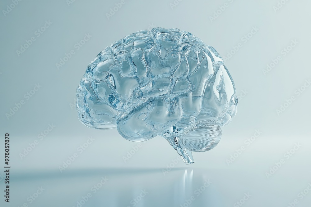 Poster transparent glass brain model in soft lighting showcasing a three dimensional neural network and det