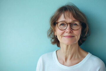 Fototapeta premium Senior Caucasian woman with glasses, gentle smile, exuding warmth and friendliness, standing against a soft pale blue background.