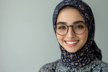 Young Arabian woman with glasses, smiling brightly with a friendly demeanor, standing against a soft light grey background.