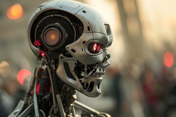 Fototapeta premium A rogue scientist's creation, an advanced AI with a growing sense of self-preservation and a distorted perception of humanity, triggers a robot uprising that threatens the very existence of humankind