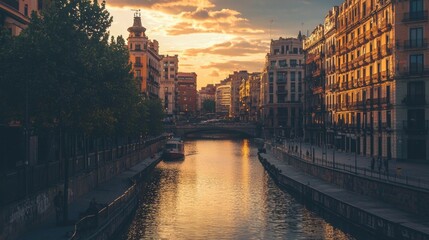 Fototapeta premium Beautiful sunset over a European canal with buildings reflecting in water