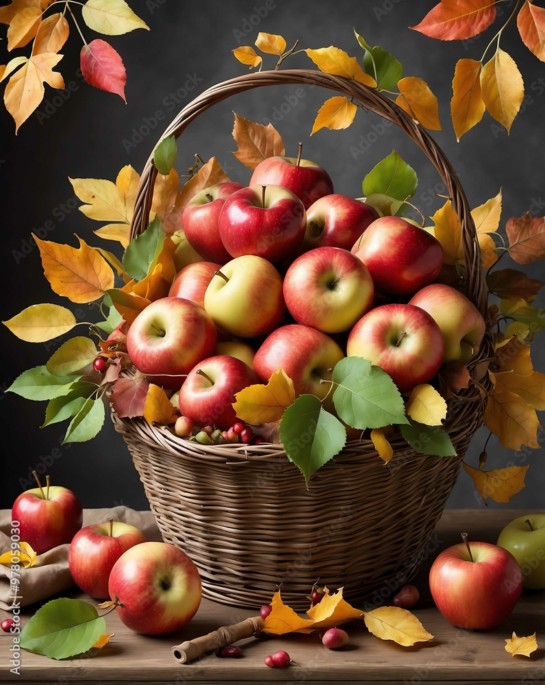 Wall mural Basket of apples and autumn leaves