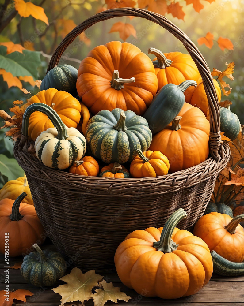 Poster Basket of pumpkins and squash together