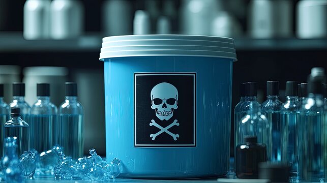Hazardous material bin with a skull and crossbones label, filled with solvents and chemicals, workshop setting, dim ambient lighting