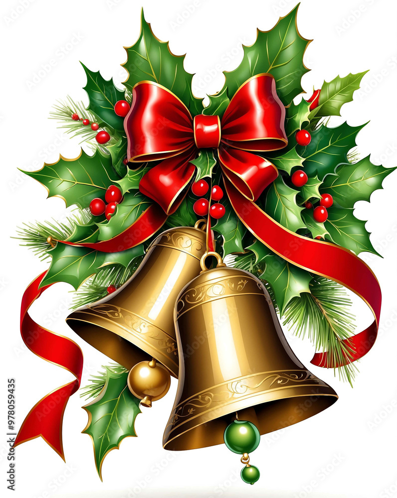 Poster Christmas bells with ribbon and holly