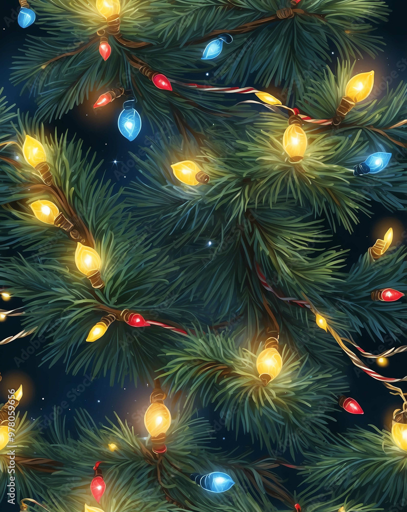 Poster christmas lights draped over pine tree