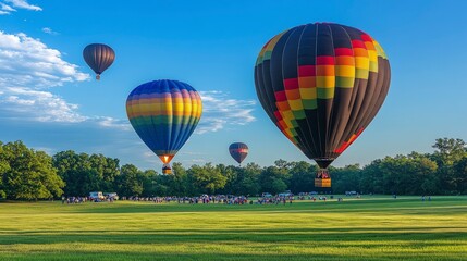 Obraz premium Hot air balloon festival with colorful balloons taking off, people watching from the ground, clear blue sky, early morning lighting