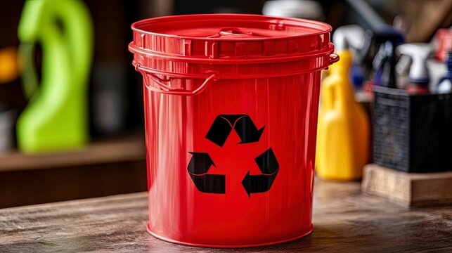 Household hazardous waste container with a red warning label, solvents and cleaners inside, in a workshop, dim ambient lighting
