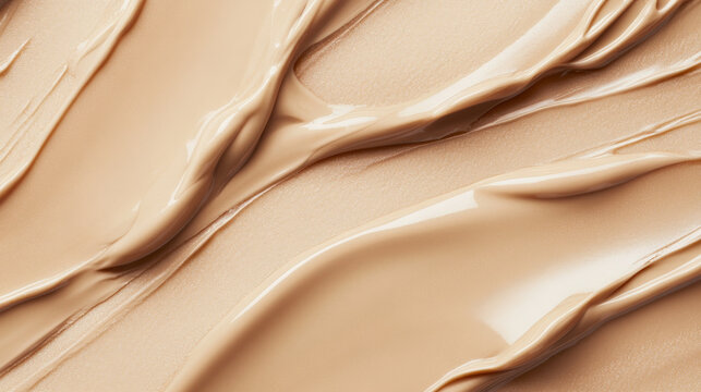 A close-up of liquid foundation cream in a neutral beige tone. The background features a creamy, smooth texture with subtle gradients and a reflective sheen, mimicking makeup on skin.