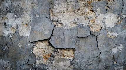 Fototapeta premium A cracked concrete wall with a rough, aged texture. The surface is darkened in areas, with jagged cracks spreading across the surface, creating an urban, industrial feel.
