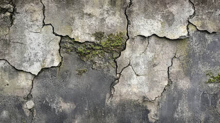 Obraz premium A cracked concrete wall with patches of dark moss growing in the deeper crevices. The texture is rough, with visible signs of age and weather damage, adding to the urban decay atmosphere.