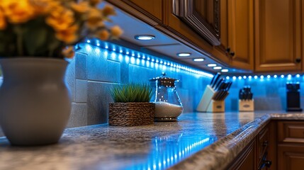 LED strip light bulbs with a gradient color effect, glowing blue to green, under kitchen cabinets, soft ambient lighting