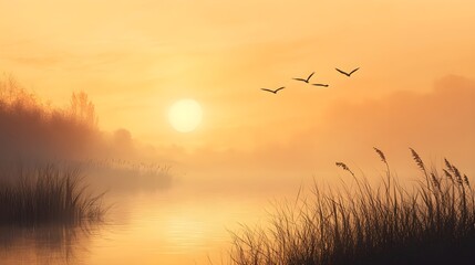 A serene landscape of a nature reserve at sunrise, with silhouettes of birds flying over a misty lake, realistic style, warm golden hues, subtle gradients.