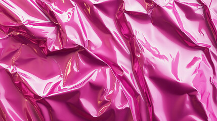 A crumpled magenta plastic poster with deep wrinkles and subtle creases. The glossy surface creates bold reflections, giving a vibrant, textured appearance.