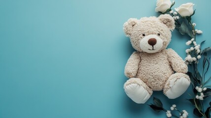 Cute bear with flowers on blue background
