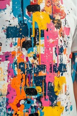 Fototapeta premium A vibrant collage of local artists' abstract paintings and street art, seamlessly integrated on a white t-shirt, creating a community mosaic, Pop Art, Bright Colors, Digital Illustration.