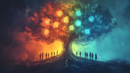 A tree with roots intertwined with human figures, leaves made of glowing neon symbols representing hope, sketch style, muted earthy tones, symbolizing growth through unity.
