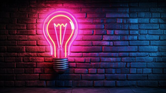 Light bulb-shaped neon sign with a pink glow, in a vintage bar, retro atmosphere, bright neon lighting