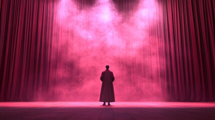 Magic show with a magician on stage, audience in awe, smoke effects, dramatic spotlight lighting