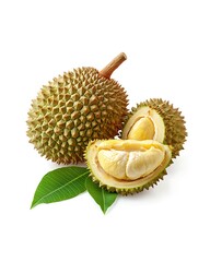 Obraz premium Fresh durian with leaf isolated on white background, Durian fruit isolated on white background With clipping path.