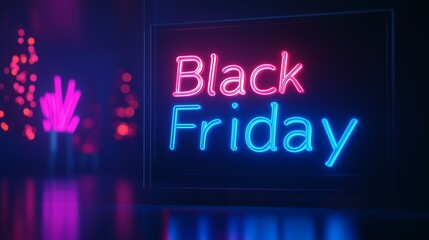 Obraz premium Glowing neon Black Friday lettering vibrant colors illuminating dark atmosphere typography signage. AI generated