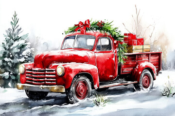 Watercolor Vintage Truck With Christmas 