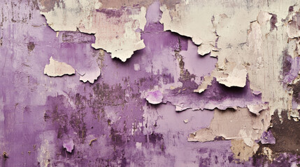 A distressed, torn poster with layers of purple paper exposed beneath peeling and ripped sections. The texture shows rough edges, faded colors, and smudges of dirt for a raw, urban look.