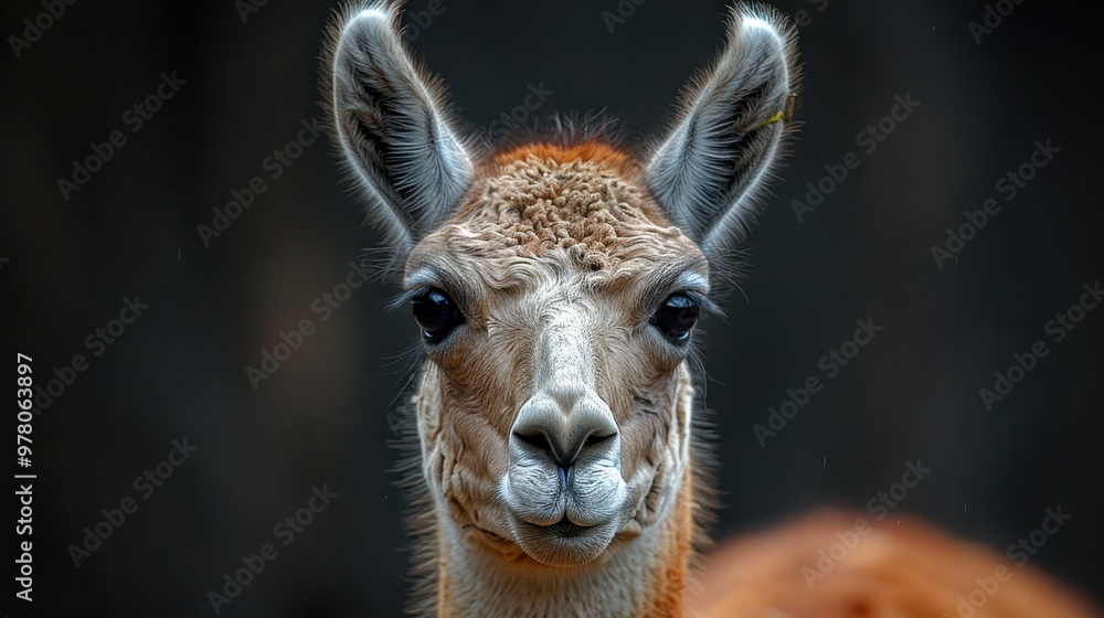 Wall mural portrait of llama on black isolated background. animal lama on black background