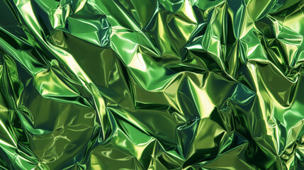 Obraz premium A glossy green plastic poster crumpled with chaotic folds and wrinkles. The shiny surface creates strong reflections and shadows, offering a textured, abstract appearance.
