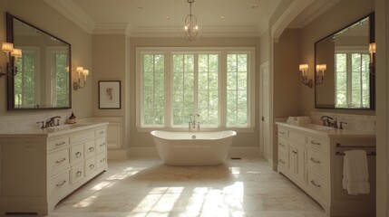 Fototapeta premium Master bathroom with a freestanding tub, double vanity, large mirror, bright vanity lighting