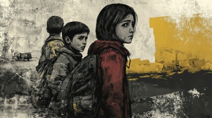 Three Children Walking Away from a War-Torn City