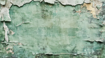 Fototapeta premium A grunge torn poster surface featuring faded green paper with jagged, ripped edges. Layers of old glue and dirt are visible, giving the texture an aged, gritty appearance.