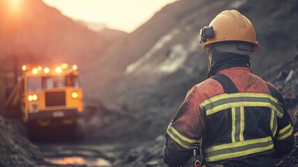 Male worker in safety gear at mining site, observing machinery dawn