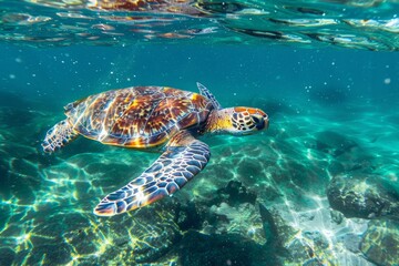Fototapeta premium A sea turtle gracefully gliding through crystal-clear waters, its flippers propelling it effortlessly through the ocean depths