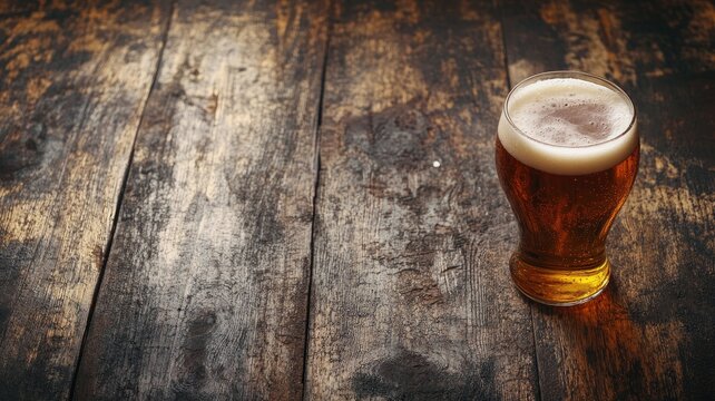 Glass of frothy beer on rustic wooden table, showcasing its golden amber color
