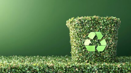 Organic waste bin with a green leaf symbol, garden clippings and leaves, garden area, soft afternoon lighting