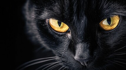Close-up image of black cat with intense yellow eyes
