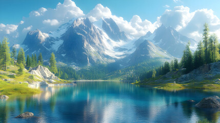 Mountain Lake with Snow-Capped Peaks and Clear Blue Water - 3D Illustration