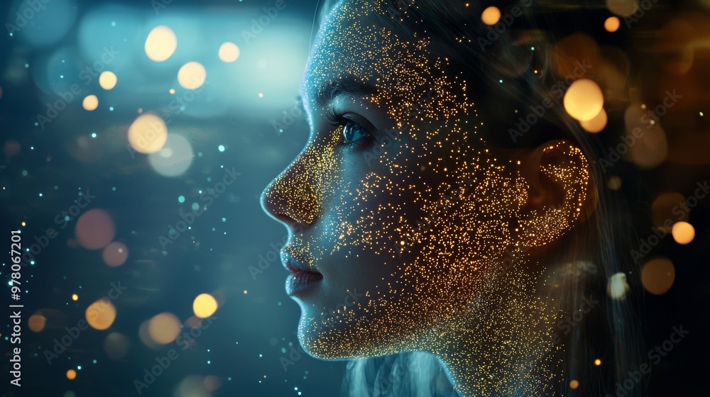 Poster abstract face made of glowing particles in a digital environment