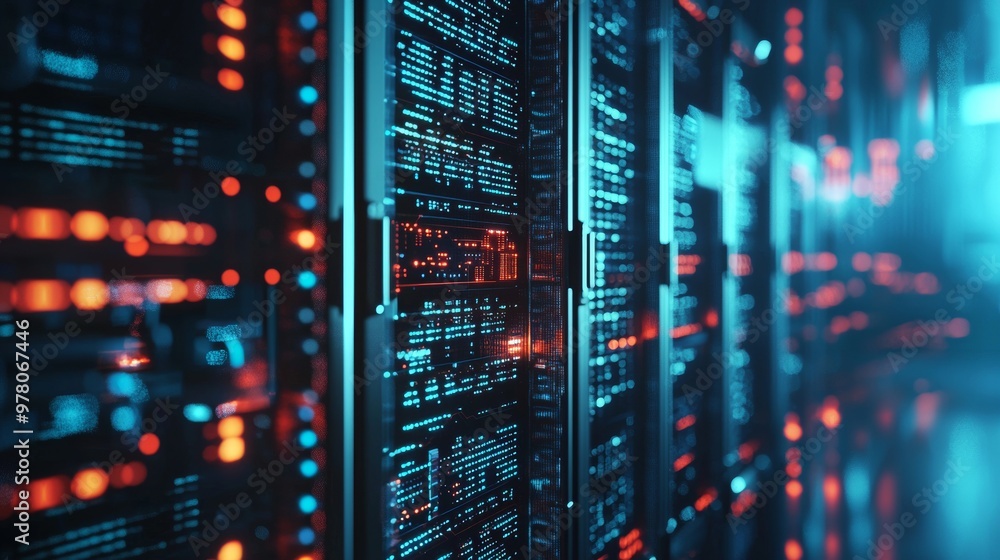 Poster close-up of glowing data servers in a modern high-tech environment