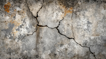 Obraz premium A rough, textured concrete wall with deep cracks running through it. The surface is weathered with patches of dirt and discoloration, giving a sense of urban decay and neglect.