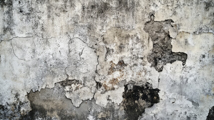 Obraz premium A rough, weathered concrete wall with visible cracks and chipped areas. The surface is covered in dark patches of dirt and wear, giving a gritty, urban look. Subtle shadows emphasize the uneven