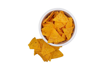 Nacho chips in white bowl isolated transparent