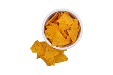 Nacho chips in white bowl isolated transparent