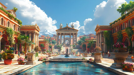 Naklejka premium Ancient City Square Fountain Illustration