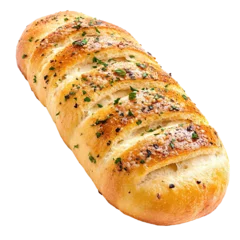 Gordijnen Freshly baked bread loaf with a golden crust and herb topping, isolated on a transparent or white background. © stockpro